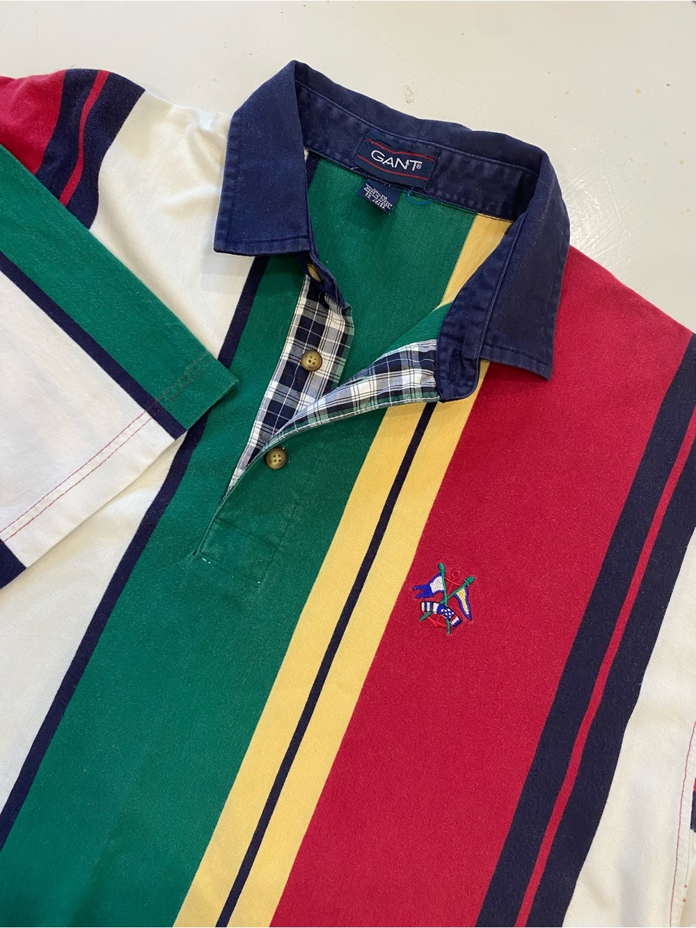 Vintage EUC Gant Men's Multi-Stripe Rugby Polo in Red, Green, Yellow & Navy